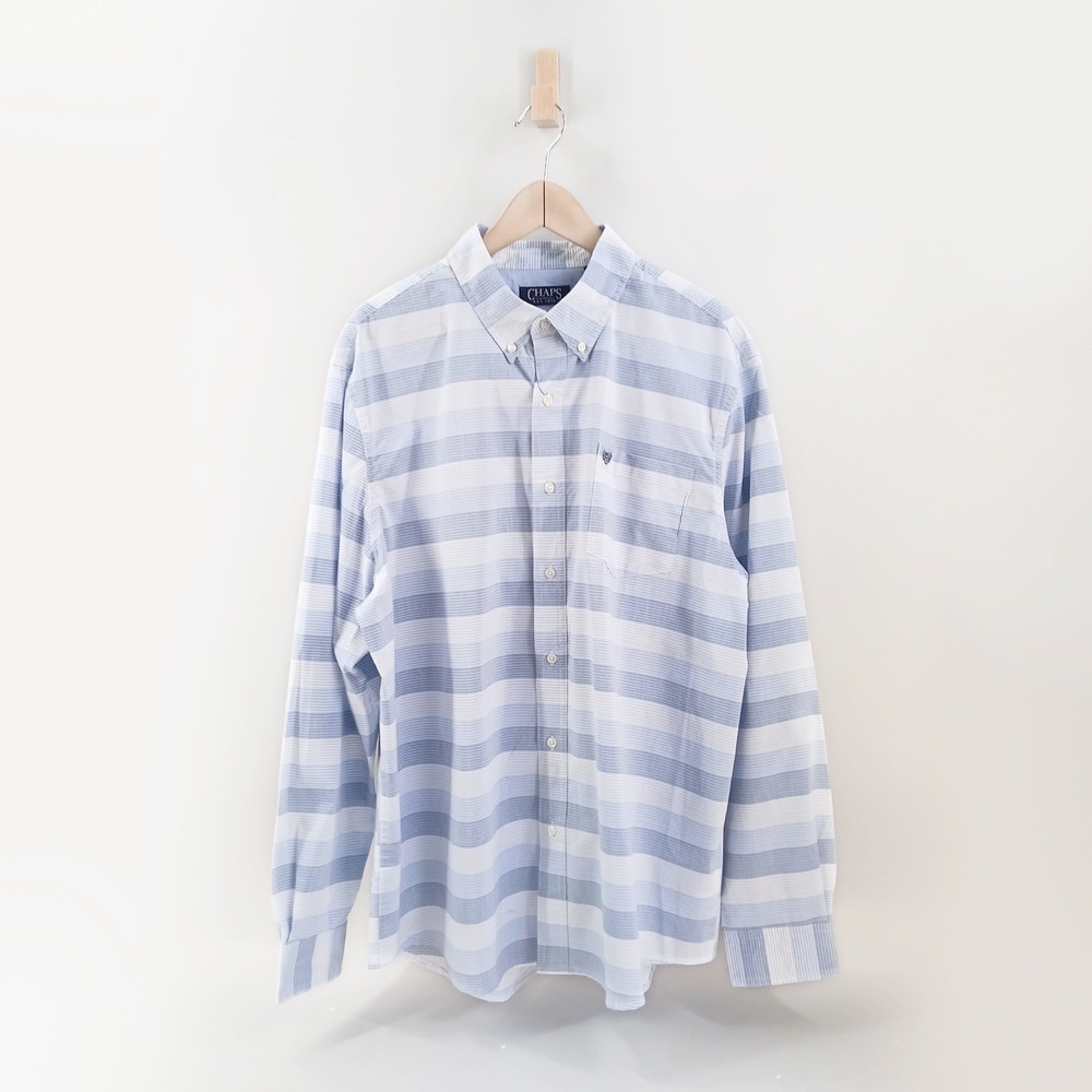 Chaps Button Down Shirt Mens XXL Blue Striped Stretch Easy Care Long Sleeve